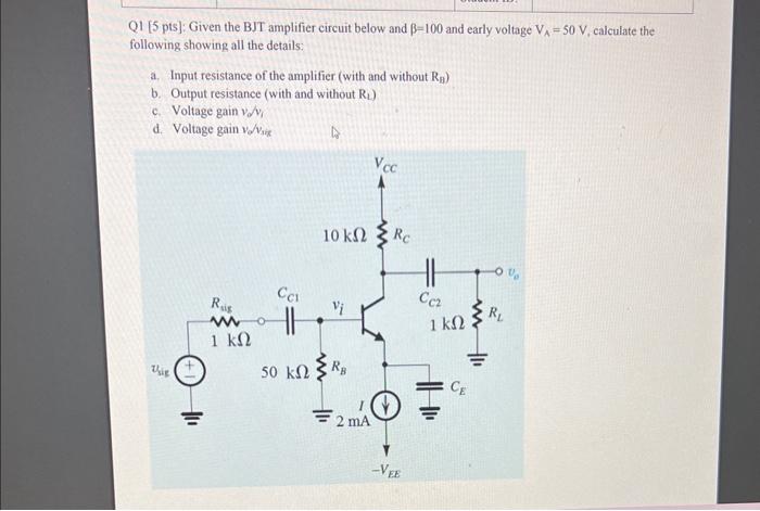 Solved Q1 [ 5 pts]: Given the BJT amplifier circuit below | Chegg.com