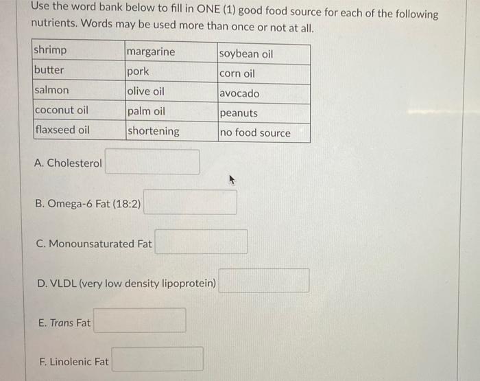 Solved Use The Word Bank Below To Fill In ONE 1 Good Food Chegg