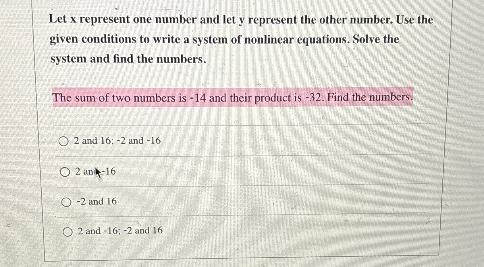 Solved Let x ﻿represent one number and let y ﻿represent the | Chegg.com