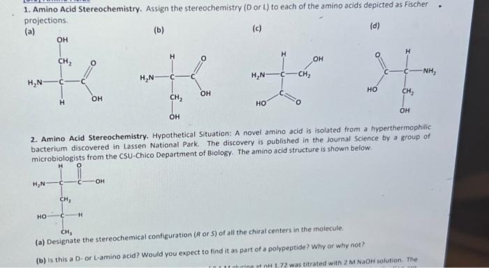 Solved 1. Amino Acid Stereochemistry. Assign the | Chegg.com