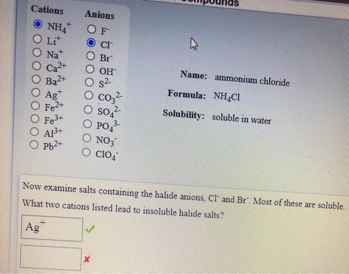 Solved Anions OF Cations NH4 O Lit O Na O Ca2+ ci Br OH | Chegg.com