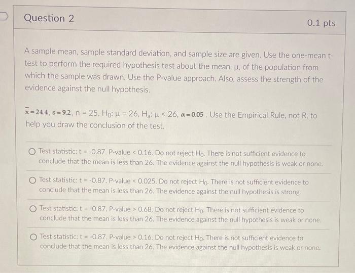 Solved A sample mean, sample standard deviation, and sample | Chegg.com