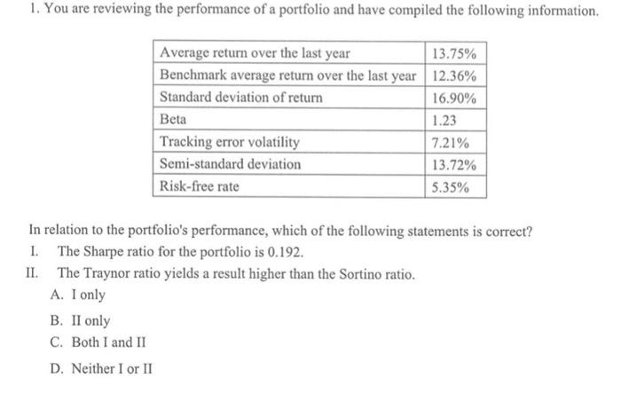 Solved 1. You Are Reviewing The Performance Of A Portfolio | Chegg.com