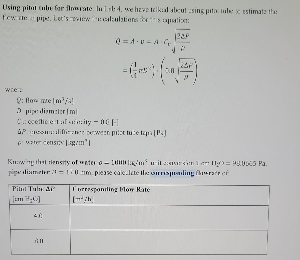 Solved Using pitot tube for flowrate In Lab 4, we have