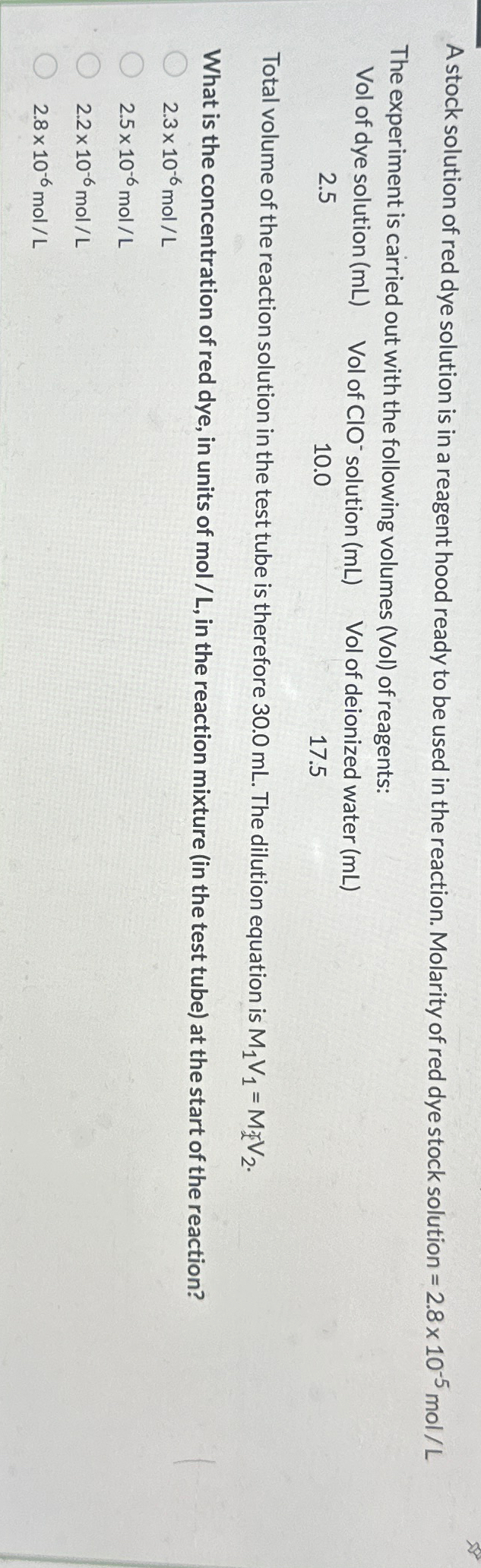 Solved A stock solution of red dye solution is in a reagent