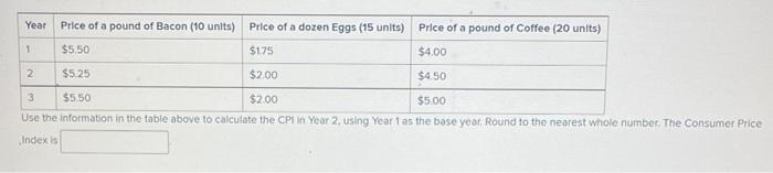 Use the information in the table above to calculate the CPi in Year 2 , using Year 1 as the base year, Round to the nearest w