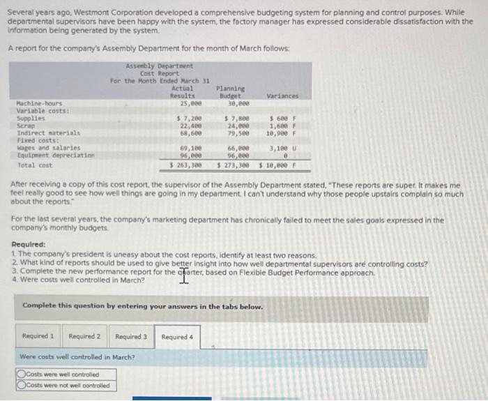 Solved A report for the company's Assembly Department for