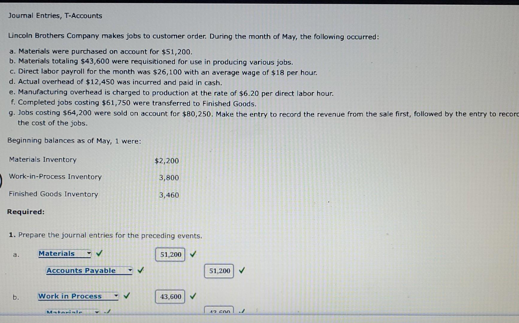 Solved Journal Entries, TAccounts Lincoln Brothers Company