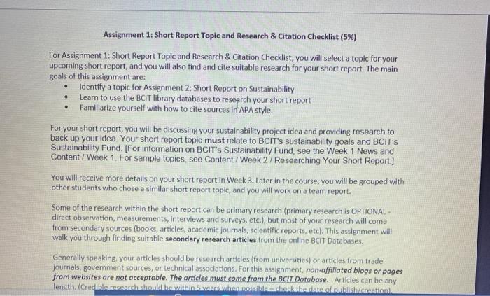 Assignment 1: Short Report Topic and Research & | Chegg.com
