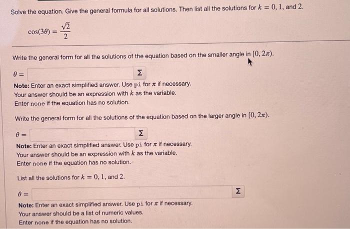 Solved Solve the equation. Give the general formula for all | Chegg.com
