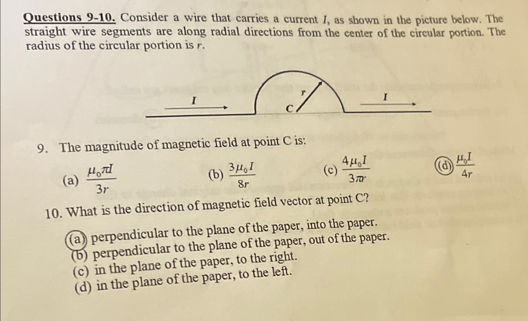 Solved Questions 9-10. ﻿Consider A Wire That Carries A | Chegg.com