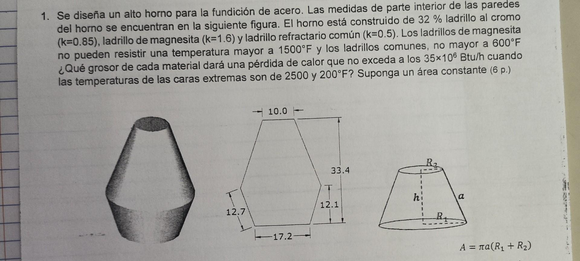 1. Se diseña un alto horno para la fundición de acero. Las medidas de parte interior de las paredes del horno se encuentran e