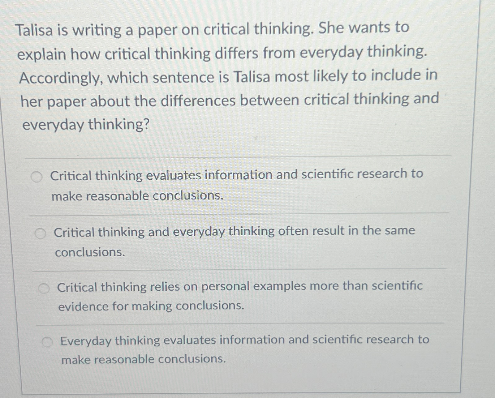 talisa is writing a paper on critical thinking