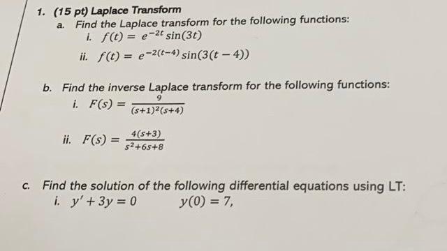 Solved 1. (15 pt) Laplace Transform a. Find the Laplace | Chegg.com