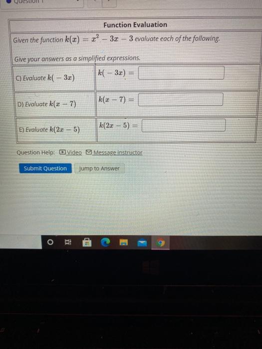 Solved Function Evaluation Given the function k(z) = x2 – | Chegg.com