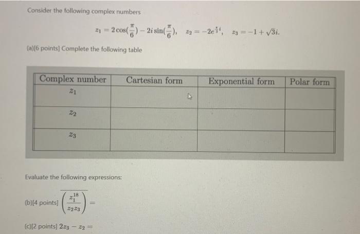 Solved Consider The Following Complex Numbers | Chegg.com