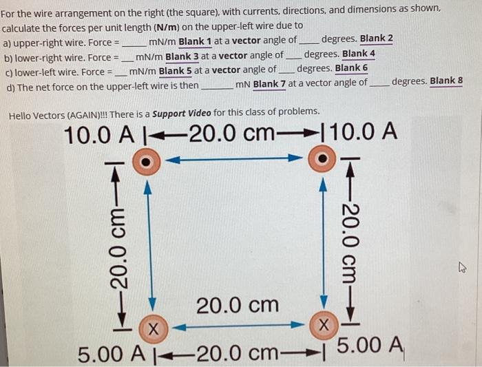 For the wire arrangement on the right (the square), with currents, directions, and dimensions as shown, calculate the forces