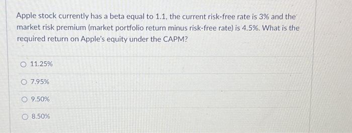 Solved Apple Stock Currently Has A Beta Equal To 1.1, The | Chegg.com