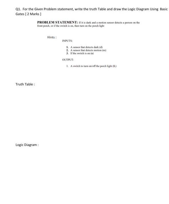 Solved Q1. For the Given Problem statement, write the truth | Chegg.com