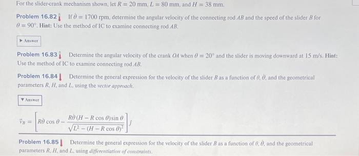 Solved For The Slider-crank Mechanism Shown, Let R=20 | Chegg.com