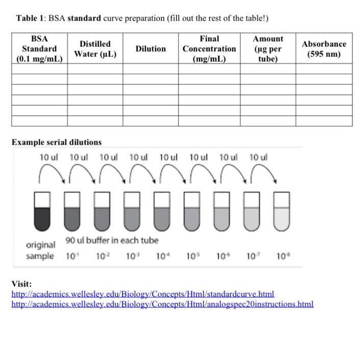 Table 1: BSA standard curve preparation (fill out the rest of the table!)
\( \mathbf{E} \)
Visit:
http://academics. wellesley