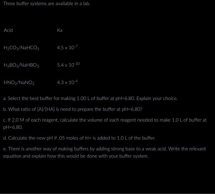 Solved Three buffer systems are available in a lab. Acid Ka | Chegg.com