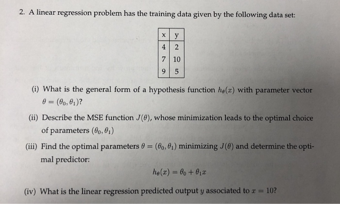 Solved 2. A linear regression problem has the training data | Chegg.com