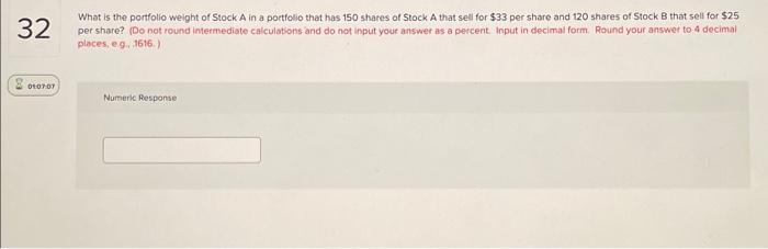 Solved What is the portfolio weight of Stock A in a | Chegg.com