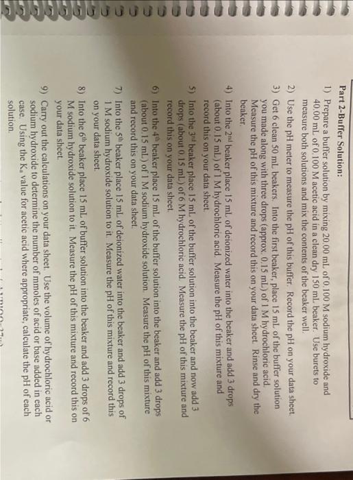 Solved 1) Prepare a buffer solution by mixing 20.00 mL of | Chegg.com