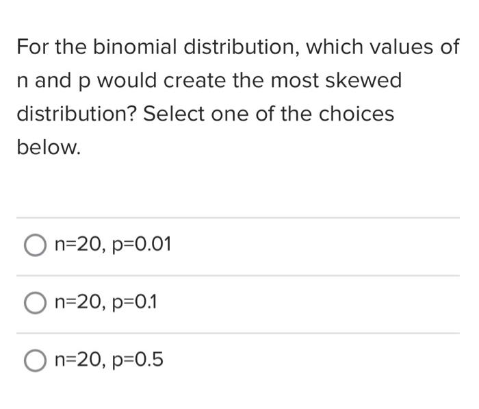 Solved For the binomial distribution, which values of n and | Chegg.com
