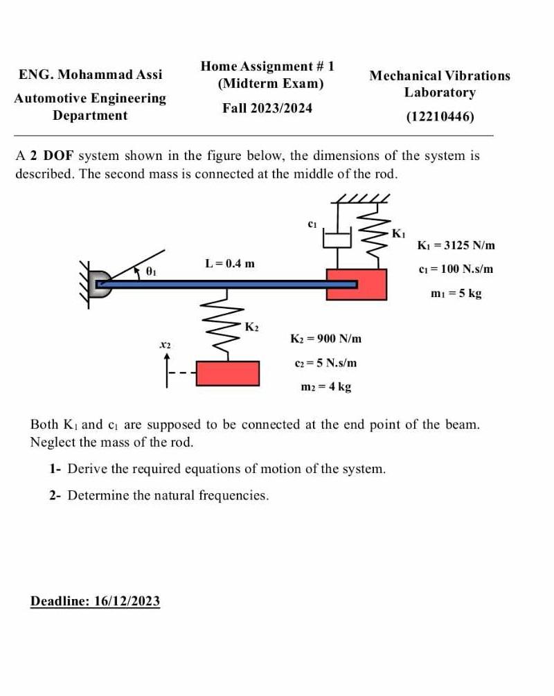 Solved A 2 Dof System Shown In The Figure Below The