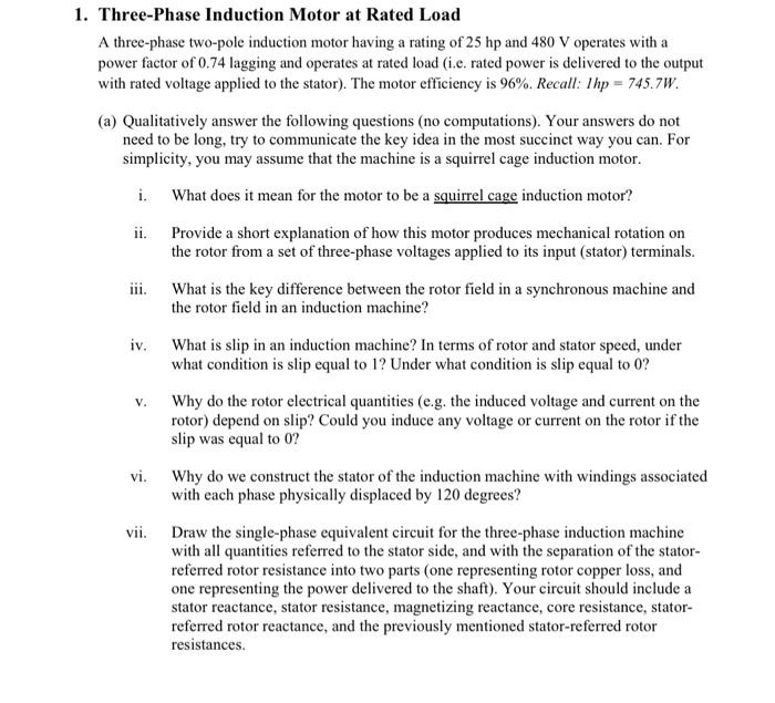 Solved 1. Three-Phase Induction Motor at Rated Load A | Chegg.com