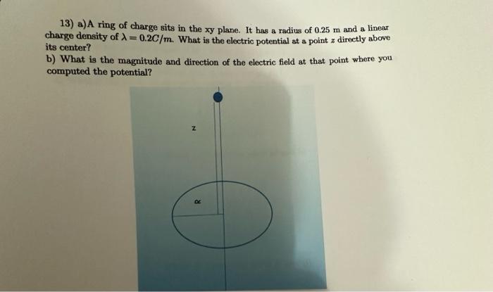 Solved 13) a) A ring of charge sits in the xy plane. It has | Chegg.com