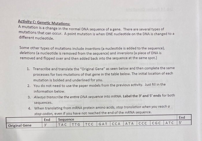 Solved Activity C: Genetic Mutations: A mutation is a change | Chegg.com