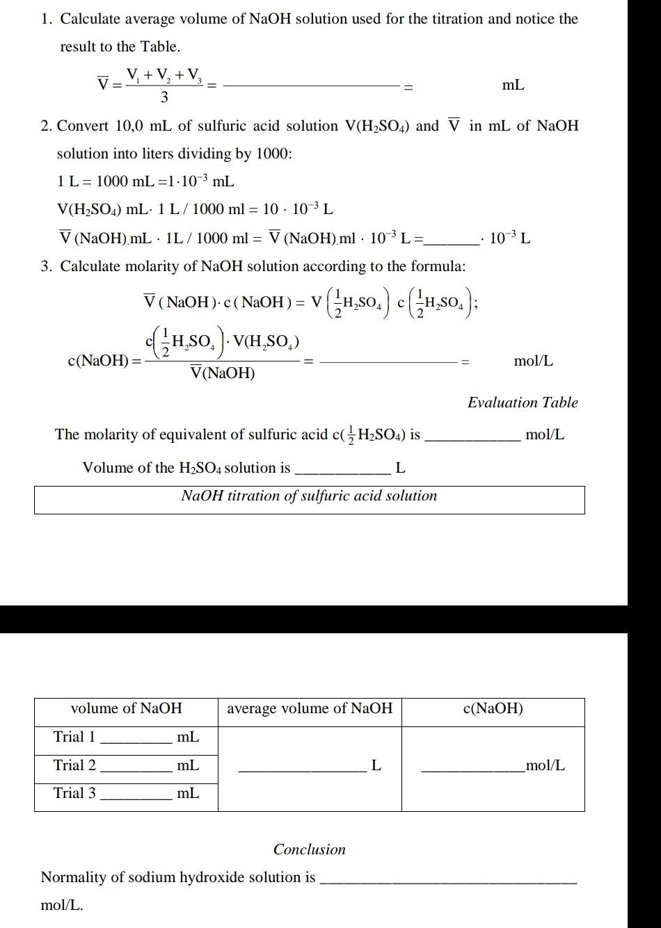 Solved Evaluation 1 Calculate Average Volume Of Naoh Chegg Com