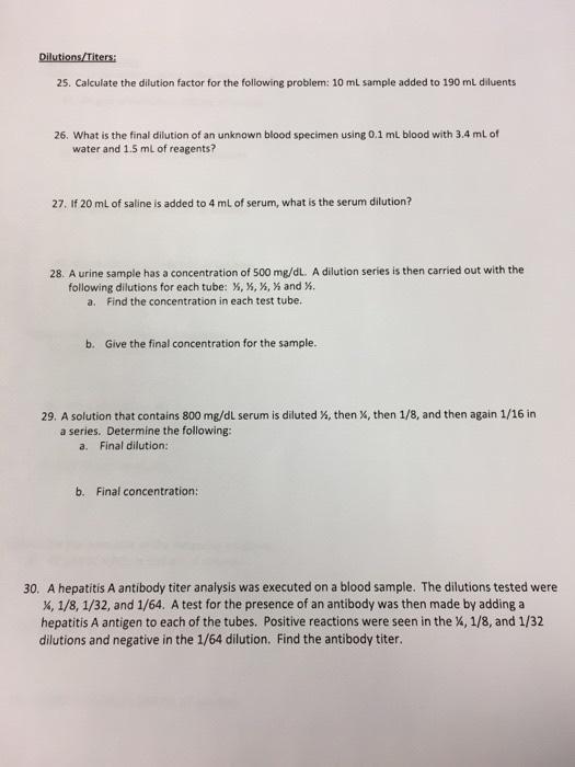 Solved Dilutions Titers 25 Calculate The Dilution Factor