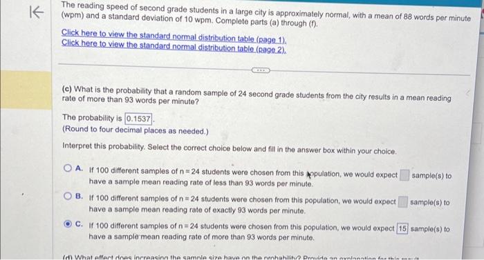 The reading speed of second grade students in a large | Chegg.com