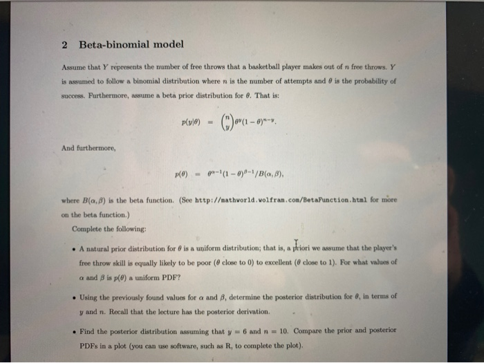 Solved 2 Beta Binomial Model Assume That Y Represents The Chegg Com