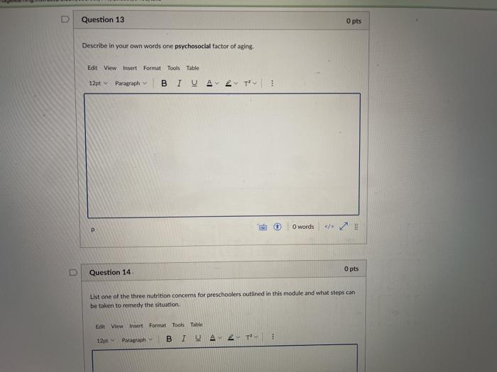 Question 13 O pts Describe in your own words one psychosocial factor of aging, Edit View Insert Format Tools Table 12ptParagr