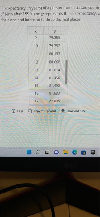 life expectancy (in years) of a person from a certain countr
of birth after 1990, and y represents the life expectancy. U
the