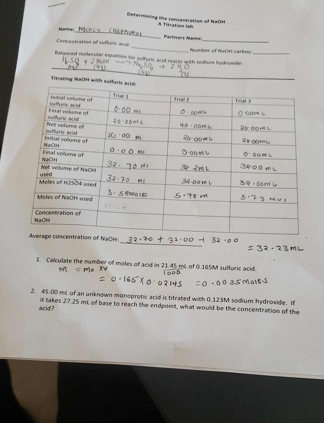 Solved Determining the concentration of NaOH A Titration lab | Chegg.com