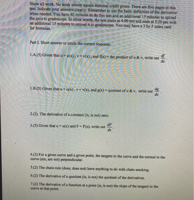 Solved Show all work. No work shown means minimal credit | Chegg.com