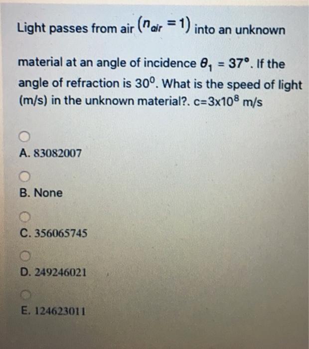 Solved Light passes from air (n air = 1) into an unknown | Chegg.com