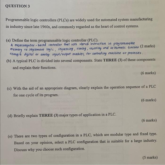 Solved QUESTION 3 Programmable Logic Controllers (PLCs) Are | Chegg.com