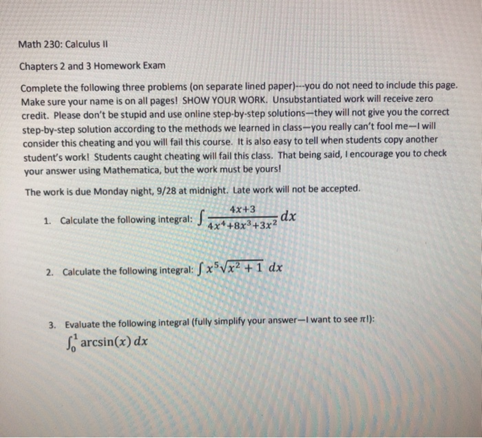 Solved Math 230: Calculus II Chapters 2 and 3 Homework Exam | Chegg.com