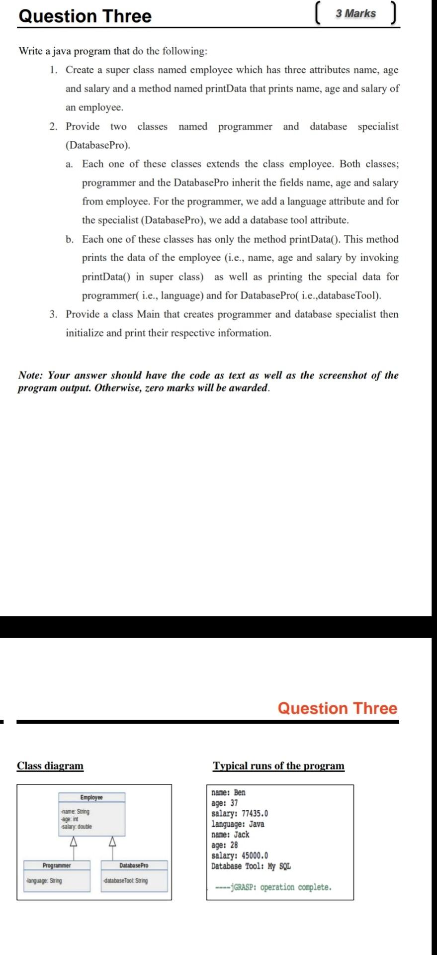 Solved Question Three 3 Marks Write a java program that do | Chegg.com