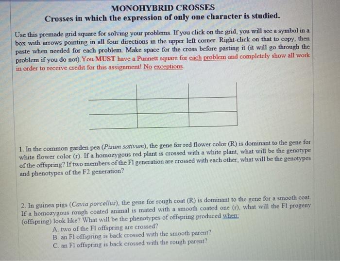 Solved Monohybrid Crosses Crosses In Which The Expression Of Chegg Com