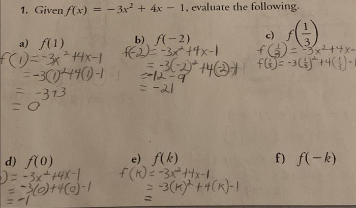 Solved 1 Given F X −3x2 4x−1 Evaluate The Following A