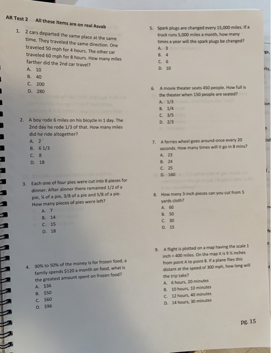 Solved AR Test 2 All these items are on real Asvab 5. Spark | Chegg.com