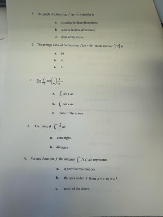 Solved 10² 5. The graph of a function / in two variables is | Chegg.com